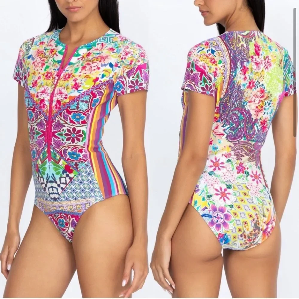 NWT Johnny Was Locita Surf One Piece Neoprene Swimsuit Colorful Patchwork